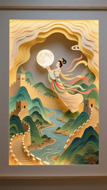 嫦娥飞天托月，周边是长城和山河，嫦娥占比小一点预览效果