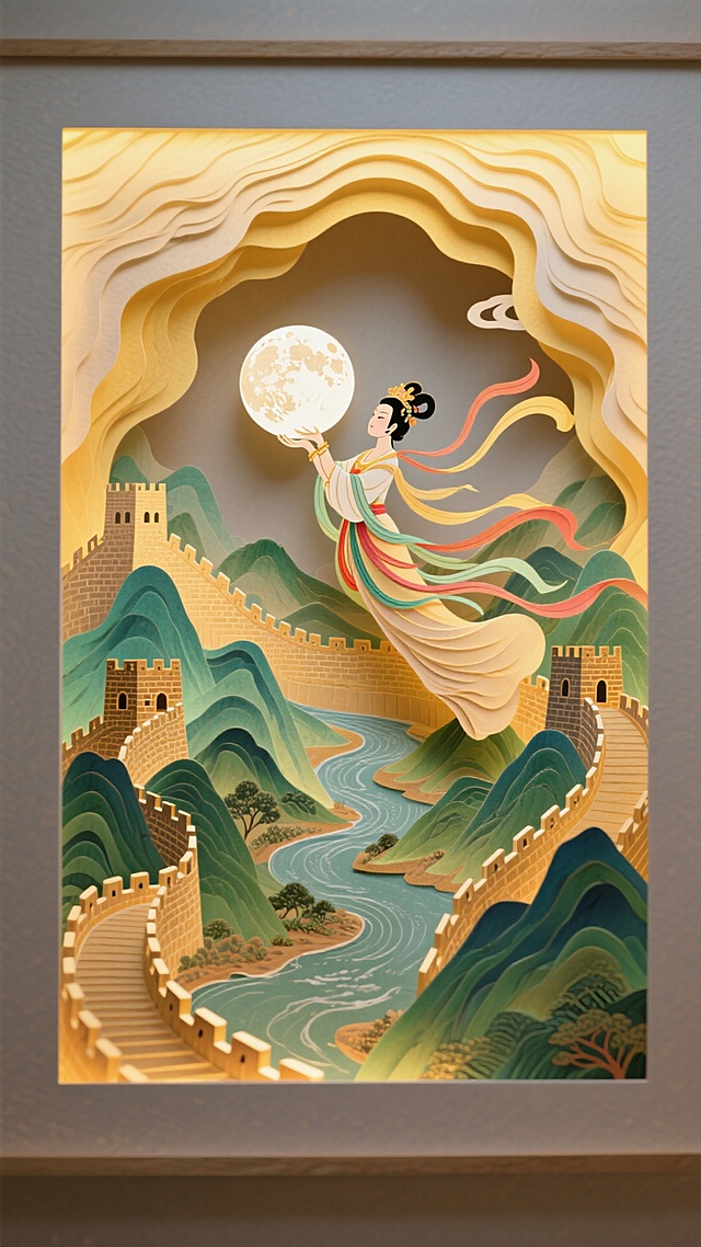 嫦娥飞天托月，周边是长城和山河，嫦娥占比小一点