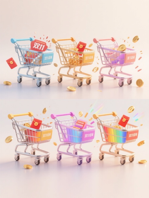 3D渲染风格，6个不同配色、不同样式、不同材质的购物车造型，浅色背景，上下两行对齐排列，每个购物车细节丰富，具有金属光泽和光滑塑料质感，搭配彩色渐变光效和飞溅的金币、红包元素，融入醒目双11促销文案，整体画面充满动感与欢快氛围，视觉层次分明，信息传达高效，强促销属性，高光与阴影处理细腻，色彩鲜明和谐，现代感十足的电商促销海报设计。预览效果