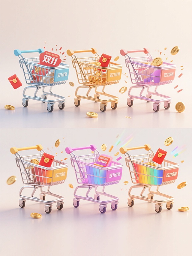 3D渲染风格，6个不同配色、不同样式、不同材质的购物车造型，浅色背景，上下两行对齐排列，每个购物车细节丰富，具有金属光泽和光滑塑料质感，搭配彩色渐变光效和飞溅的金币、红包元素，融入醒目双11促销文案，整体画面充满动感与欢快氛围，视觉层次分明，信息传达高效，强促销属性，高光与阴影处理细腻，色彩鲜明和谐，现代感十足的电商促销海报设计。