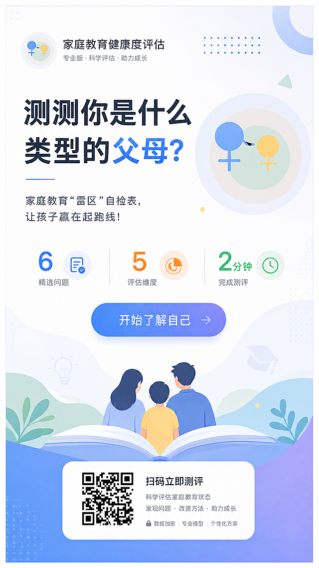 在原家庭教育健康度评估海报的基础上，将二维码放在海报底部，并把logo放到左上角，保持文字清晰，设计风格有创意，适合打印输出