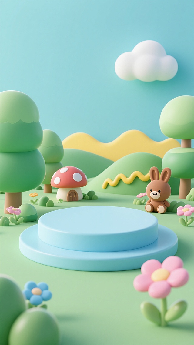 3D卡通风格儿童场景，整体色调变换为清新蓝绿色调，柔和的蓝绿色背景，前景有一个圆形的浅蓝色展示台，展示台周围有绿色的树木、蘑菇形状的小屋、黄色的波浪形山丘、一只微笑的棕色小兔子玩偶、粉色和蓝色的花朵，天空中有一朵白色的云，所有元素都具有圆润的造型和光滑的3D质感，光影柔和，营造出宁静、可爱、梦幻的氛围。