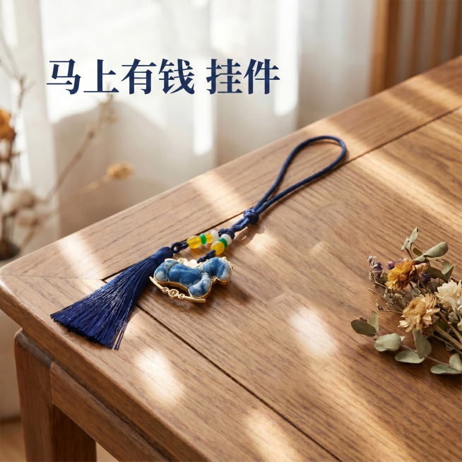 在这张图片左上角添加文字 "马上有钱 挂件"，保持原有图片场景、扎染小马挂饰、木质桌面、干花所有细节完全不变，只添加文字，文字颜色使用深蓝色，字体为国风粗衬线，大小适中放在左上角负空间，不遮挡挂饰，保预览效果
