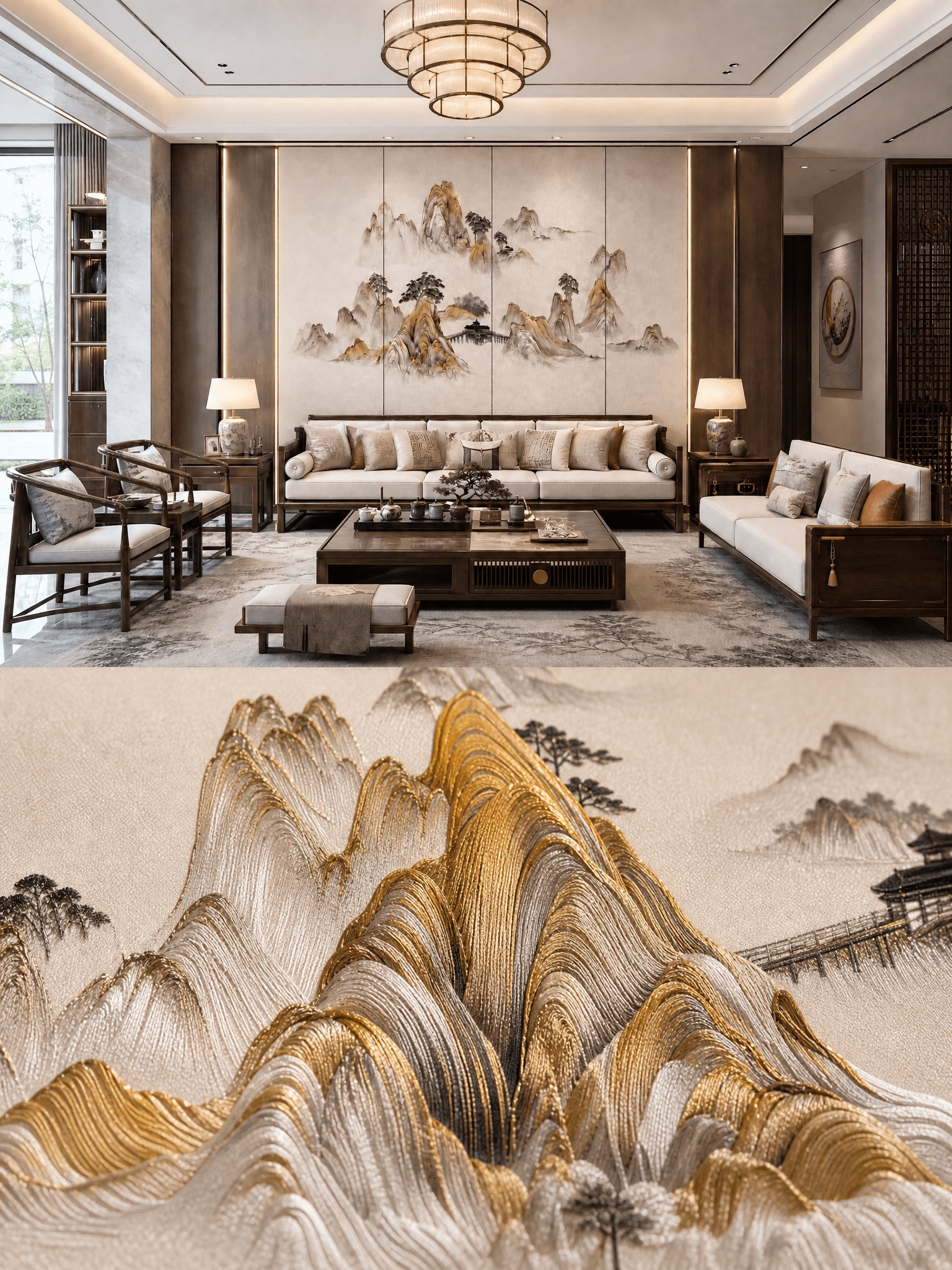 图片上下分屏拼接，上半部分保留原图的新中式客厅场景完整画面，展… - 图片创意预览