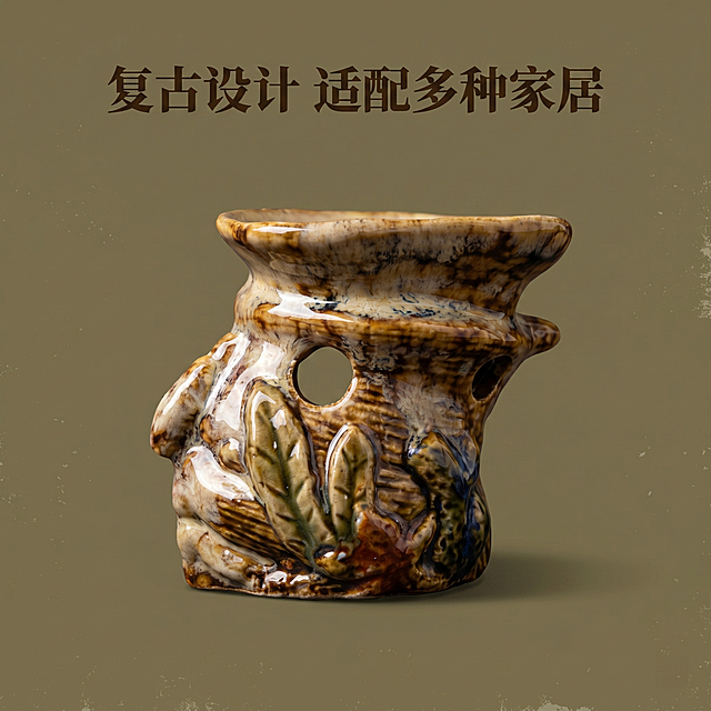 [主图 5] 复古陶瓷香薰炉纯背景产品展示
[氛围风格] 简约复古，干净突出主体
[画质] 商业摄影质感，光线柔和通透，产品清晰真实，画面干净高级
[元素] 复古陶瓷香薰炉居中放置在做旧深卡其色背景上，自然柔和底部投影，完整展示产品整体造型、镂空结构和浮雕花纹，保持产品外观、釉面纹理色彩与输入产品图绝对一致，杜绝任何变形和色差。画面干净无多余元素，主体突出
[光影] 均匀柔和专业影棚布光，产品轮廓清晰，高光自然突出釉面光泽，阴影柔和不生硬
[配色] 深卡其色复古背景，完全突出产品本身混色釉质感，简洁高级
[文字版式] 顶部居中标题 "复古设计 适配多种家居"，深棕色字体，不遮挡主体
[比例分辨率] 1:1 比例，2k 分辨率，文字清晰锐利，超高清
[负向提示词] 变形，水印，文字错乱，产品图模糊，背景杂乱，配色刺眼，遮挡主体，尺寸标注，礼盒包装