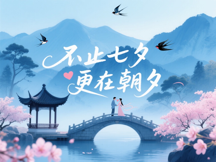 文字“不止七夕 更在朝夕”，文字穿插点缀爱心和喜鹊。高级感，水墨感国风插画，蓝色为主色调，大片晕染，山水背景浅浅显示，背景强透光，牛郎织女鹊桥相会，周围有拱桥、河流、两侧中式凉亭，盛开的桃花，背景层叠预览效果