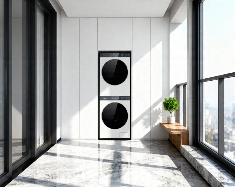 A hyper-realistic interior photography of a modern minimalist balcony. The Panasonic washer and drye预览效果