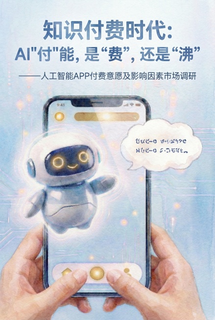 将画面调整为A4尺寸，在画面上方三分之一位置添加大标题“知识付费时代：AI"付"能，是“费”，还是“沸””，下方添加副标题“——人工智能APP付费意愿及影响因素市场调研”，在机器人右侧添加一个可爱的白预览效果
