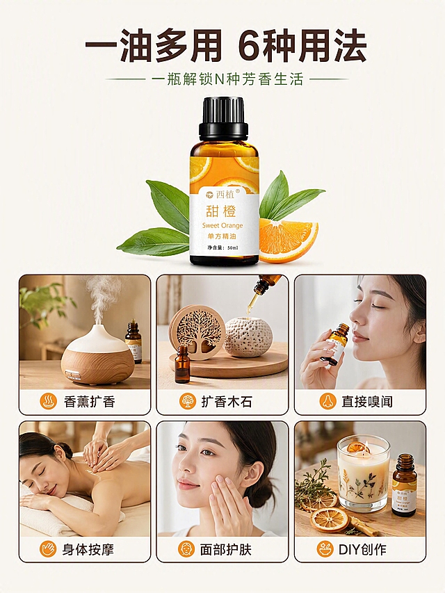 [第7张] 使用方法 - 一油多用6种方式。京东实用专业风格。本张使用【图1】50ml甜橙精油瓶作为商品主体。
[氛围/风格] 实用指南专业风，京东清晰明了风格，高端品质感，商业摄影质感。
[元素布局] 精油瓶置于画面顶部中央，占比约20%，旁有绿叶；下方6个方形图标区域，2行3列网格排列，每个方内对应使用方式场景小图：香薰扩香、扩香木石、直接嗅闻、身体按摩、面部护肤、DIY创作；背景纯净浅米白；瓶身与输入图一致。
[光影质感] 顶部产品打亮，每个小图独立柔和光影，整体统一暖色调，明亮清晰。
[配色色系] 背景 #F8F6F2 浅米白；产品橙色突出；主色 #FF8C00 橙；辅助色 #5D4037 深棕方边、#2E7D32 深绿点缀、#FFFFFF 方底；文字色深棕。
[视角构图] 上产品下6宫格，均匀对称，阅读动线清晰。
[文字版式] 顶部主标题「一油多用 6种用法」深棕粗体大字；副标题「一瓶解锁N种芳香生活」墨绿细体。6个方格下方各标注用法名：「香薰扩香」「扩香木石」「直接嗅闻」「身体按摩」「面部护肤」「DIY创作」。
[比例分辨率] 3:4竖版比例，4K分辨率，文字清晰。
[负向提示词] 产品变形，标签模糊，融色，水印，文字过小，宫格混乱，画面暗沉，花哨。