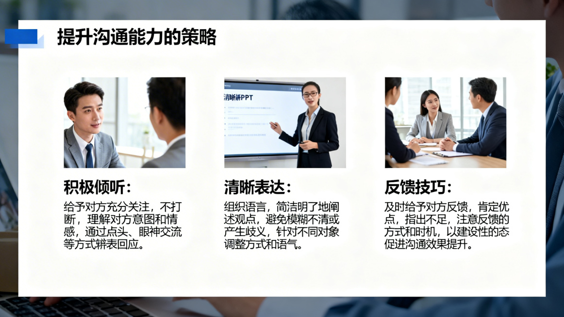 PPT内容页，标题为"提升沟通能力的策略"，图片文字分区域排版，分为三块：第一块放两人面对面认真倾听的图片，配文字"积极倾听：给予对方充分关注，不打断，理解对方意图和情感，通过点头、眼神交流等方式表示预览效果
