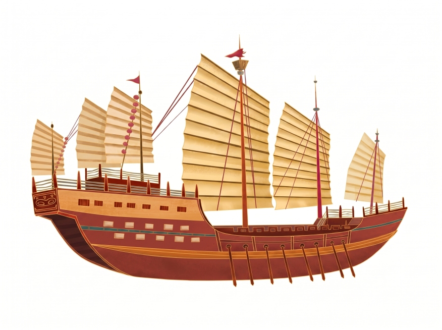去除船身下方的海浪，只保留古代福船主体，保持原插画风格、颜色和帆船结构，背景为纯白色，船体完整，干净简洁预览效果
