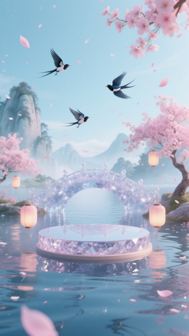 画面主体：水晶圆形展台，背景：波光粼粼的水面上，悬着一座精致的水晶鹊桥，前两侧两侧挂灯笼，前两侧开满了桃花，花瓣于空中漫天飞舞，片片散落在水面上。画面要有景深感，圆形展台于画面正中央 2/3 偏下位置预览效果