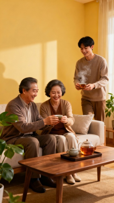 温馨家庭场景：年轻人为父母端茶，父母笑容幸福，旁有热茶，背景是简约客厅，整体氛围温暖治愈，体现陪伴是最好的孝心，尺寸900*1600预览效果