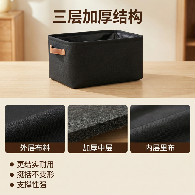 [主图 2] 三层加厚结构卖点展示
[氛围风格] 温馨舒适家居治愈风，自然柔光氛围
[画面元素] 商业摄影质感、光线柔和通透、产品清晰真实、画面干净高级。特写展示收纳筐剖面结构，清晰体现三层加厚材质层预览效果