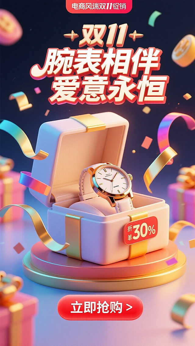 充满活力的双11销售海报构图。一枚优雅的手表放在打开的奢华礼盒中，周围是漂浮的彩带和金色丝带。电商风格，明亮欢快的灯光。“双11”Logo。巨大主标题“腕表相伴 爱意永恒”采用粗体、喜庆的字体。一个大的、令人无法抗拒的红色“立即抢购”按钮，（带有折扣标签降价30%）在底部。商业化，以转化为导向的设计。