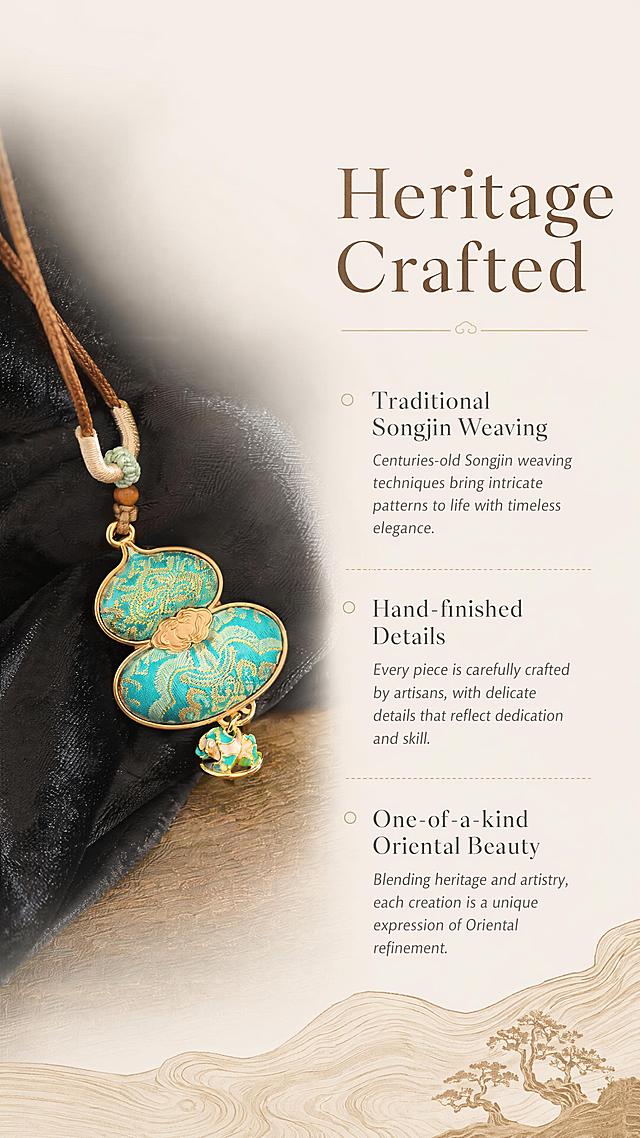 [第2屏] Brand Story & Design Concept，阐释非遗宋锦手工工艺的文化价值。本屏使用【图1】的产品元素做局部细节展示。
[氛围/风格] 简约文化质感，低饱和复古调性，真实工艺摄影，突出手工温度与传统美学。
[元素布局] 左侧放置项链吊坠局部特写，右侧为文字区；顶部留白，底部添加浅木纹质感装饰；保持产品局部纹理与原图一致。
[光影质感] 柔和均匀侧光，清晰展示宋锦织纹细节，光影过渡自然，突出材质肌理。
[配色色系] 全局底色 #F5F0EB，主色保留产品绿松石蓝+原木浅棕，辅助色米灰文字背景。
[视角构图] 左侧产品特写，右侧文字排版，左右分栏构图，阅读动线从左到右。
[文字版式] 顶部大标题 "Heritage Crafted"，正文分三点："Traditional Songjin Weaving" "Hand-finished Details" "One-of-a-kind Oriental Beauty"，每个要点搭配小空心圆点标识，文字排版清晰不拥挤，不遮挡产品。
[比例分辨率] 9:16 竖版比例，4K分辨率，文字清晰可辨，高清画质。
[负向提示词] 产品变形，文字错乱，水印，中文文字，夸大宣传，绝对化用语，侵权元素