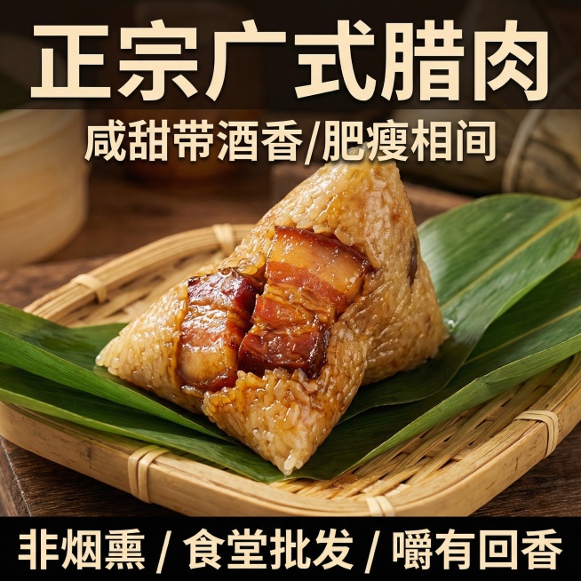 这张图片是产品主体这款产品是广式腊肉 我需要设计20张主图在拼多多上面售卖    主图场景布局可以用厨房 炒腊肉 腊肉细节等设计一个高级有食欲一些主图文案内容 正宗广式腊肉 厂家直销 新鲜现货 咸甜相预览效果