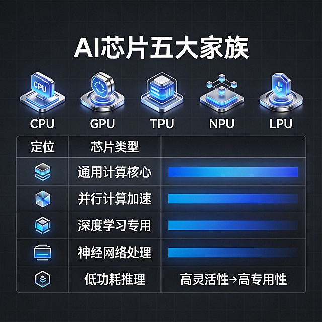 科技风信息图，标题为“AI芯片五大家族”，用五个科技感图标分别代表CPU、GPU、TPU、NPU、LPU，用表格展示各自的定位，展示出从灵活性到专用性的渐变，整体风格为现代科技风