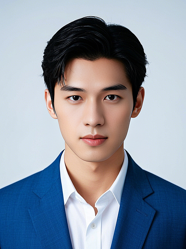 男生，白底证件照，蓝色西装，正面