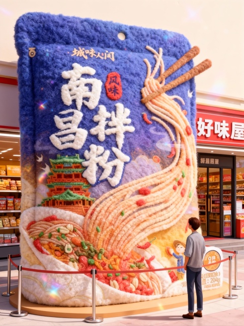 把图片产品做成充满创意和梦幻色彩的绘本风格的巨型毛毡艺术卡通风格雕塑放置在画面中心（产品的包装保持不变），人物站在一旁欣赏（与巨型产品形成比例反差），围栏隔离展示，背景是“好味屋”零食店门口预览效果