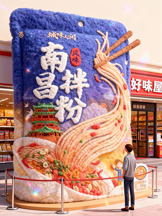 国潮风毛绒质感巨幅拌粉包装，融合刺绣风细节与卡通人物，呈现梦幻体积感，中式传统建筑点缀，营造沉浸式美食体验。