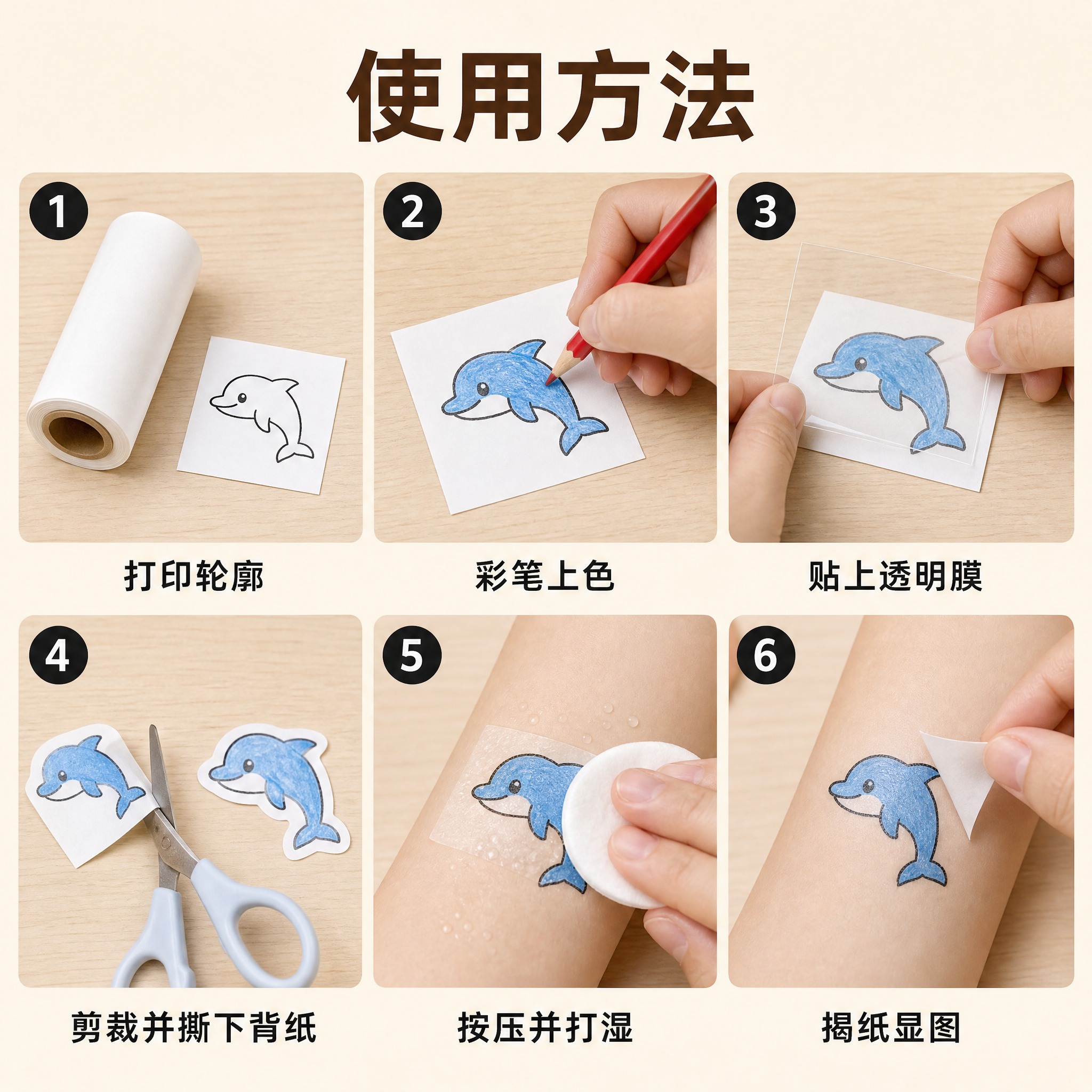 [主图-2] 使用方法教程信息图，6宫格分步骤展示水转印纹身贴… - 图片创意预览