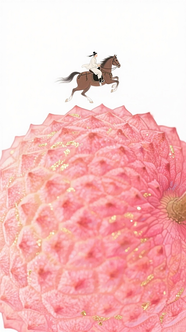 一幅新中式工笔插画，以简洁浅白为底色。上方是一位微缩的小人骑马飞奔，下方是巨大的荔枝的部分，画面中，巨大荔枝呈现饱满的红粉色，表面纹理细腻，金色碎光点缀其旁增添华丽感。整体色彩搭配清新雅致又不失华贵，借古典意象与细腻笔触，营造出浪漫且富有东方意境的画面