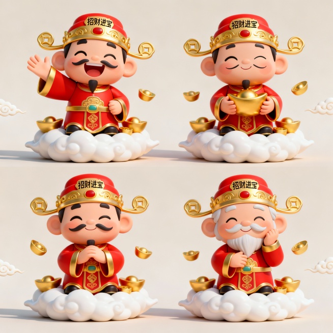 3D风格，Q版卡通财神形象，上下两行对齐排列共四个不同动作表情的财神，均身着红色镶金边传统服饰，头戴金色「招财进宝」帽，脚踩白色云朵，周围点缀金色元宝和祥云装饰，整体采用圆润造型，明亮柔和的色彩搭配，预览效果