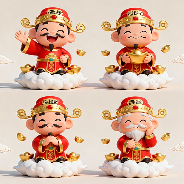 3D风格，Q版卡通财神形象，上下两行对齐排列共四个不同动作表情的财神，均身着红色镶金边传统服饰，头戴金色「招财进宝」帽，脚踩白色云朵，周围点缀金色元宝和祥云装饰，整体采用圆润造型，明亮柔和的色彩搭配，高光阴影过渡自然，具有细腻的材质质感，浅色背景，无文字信息，每个财神姿态各异（如挥手、抱元宝、拱手作揖、微笑托腮），表情生动（开心大笑、眯眼微笑、俏皮眨眼、慈祥温和），保持统一的可爱萌系风格和视觉连贯性。