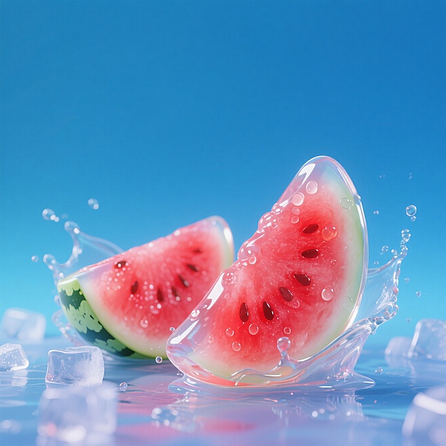 3D轻拟物风西瓜，液态效果与冰块碰撞，清新爽口，夏日清凉感十足。