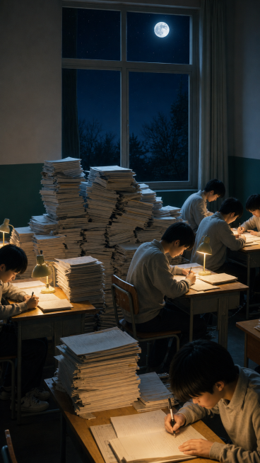 修复并完善图中所有人物的身体和肢体缺陷，让人物形态自然完整，保留夜晚教室学生学习的原有场景和风格，保持画面高级清晰预览效果