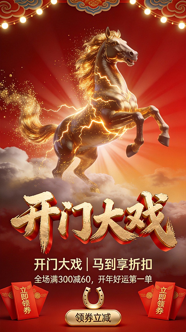 国潮风3D骏马腾云，鎏金闪电环绕，重拟物金属质感，光影流动，中式喜庆红金配色，梦幻祥云衬托，节日氛围浓郁。