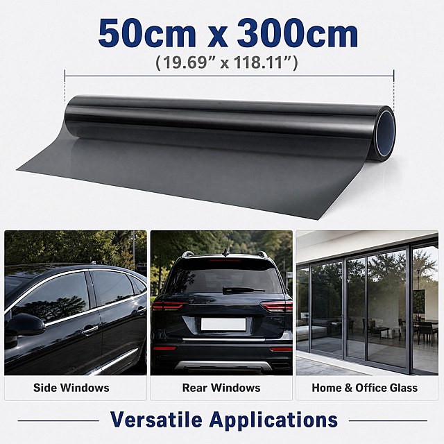 [主图-5] Nano Ceramic Window Tint Film 10% VLT 尺寸规格与适用场景图。
[统一基调] Amazon 跨境专业风，浅灰白背景，冷灰深蓝科技色调，英文文案，粗体无衬线字体。
[画面] 画面上半部分展示产品尺寸：深灰色窗膜卷水平放置，上方蓝色尺寸线标注"50cm x 300cm (19.69\" x 118.11\")"，数字大号深蓝色粗体。画面下半部分用三张小图展示适用场景：左侧小图是轿车侧窗贴膜，标注"Side Windows"；中间小图是SUV后窗贴膜，标注"Rear Windows"；右侧小图是家用玻璃窗贴膜，标注"Home & Office Glass"。三张小图下方有一行文字"Versatile Applications"。
[光影质感] 上半部分影棚柔光，产品清晰有质感；下半部分三张小图为真实场景自然光，整体明亮干净。
[配色] 浅灰白背景，深蓝主色，深灰辅助文字，产品深灰色，场景图真实色彩。
[文字版式] 尺寸数字最大最醒目，三张小图等距排列，每图下方标注场景名，底部总结文字居中。
[输出要求] 1:1正方形，2048x2048，尺寸标注清晰，场景真实，文字可读，无变形，无水印，无中文。
