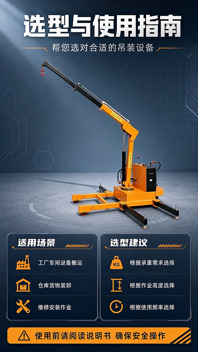 [商品] 使用【图1】全电动液压移动吊机；保留产品完整结构、橙黄+黑色配色、伸缩吊臂、液压杆、控制箱、移动底盘、支撑脚、吊钩、红色轮子等所有部件；产品不变形、不改颜色、不改变比例和结构。
[画面] 页面目标：选型与适用说明，帮助用户判断是否适用。构图：上方产品图居中，占画面约35%，角度为原图侧前方视角。下方为左右两栏信息卡，左栏"适用场景"，右栏"选型建议"。底部为使用注意事项提示条。背景：浅灰蓝色工业风背景，简洁干净，信息层级清晰。
[视觉] 套系策略：风格=工业专业风商业摄影；标题字=粗黑体硬朗工业字体；正文字=简洁无衬线黑体；主色=深蓝工业灰；背景延展=基于深蓝做深浅渐变、金属质感纹理、工业网格元素；强调色=橙黄色（与产品配色呼应），仅用于小面积图标、引线、标签和重点高亮；标题色=白色；正文色=浅灰色；组件=深色半透明信息卡、橙黄色引线、工业风图标；光影=左前侧硬光，突出金属质感和产品立体感。
[文字] 顶部主标题："选型与使用指南"（7字，白色粗体）；副标题："帮您选对合适的吊装设备"（11字，浅灰色）。左栏"适用场景"标题+3条："工厂车间设备搬运"、"仓库货物装卸"、"维修安装作业"。右栏"选型建议"标题+3条："根据承重需求选择"、"根据作业高度选择"、"根据使用频率选择"。底部橙色提示条："使用前请阅读说明书 确保安全操作"。文字全部横排，手机端可读。
[规格] 图片比例9:16竖版，resolution=1K，quality=high，负向提示：避免产品变形、颜色改变、结构缺失、文字竖排、文字过小、淘宝/天猫平台Logo水印、绝对化用语、参数规格表、配件清单、模糊、低质。