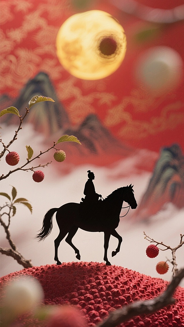 电影海报构图，中式美学风格，背景：褚红色，山水暗纹；画面下方为极小极小的唐朝男子骑马的深色剪影，高高隆起的地面是红色荔枝皮状质感，画面中穿插荔枝树的枝干和小荔枝果实，上方为模糊的金黄色太阳轮廓，呈现高斯模糊与炫彩光影叠化效果，增强梦幻氛围。