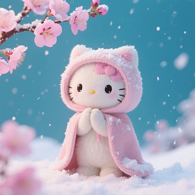 Kitty玩偶，下雪天，戴着披风帽子，对着梅花祈祷