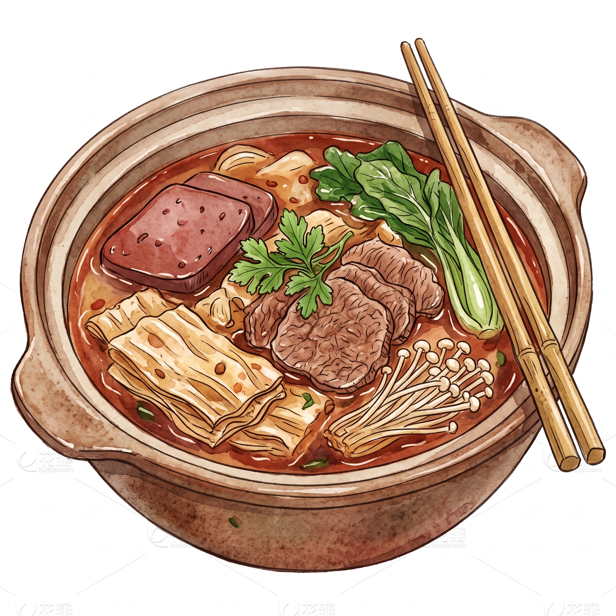 水彩手绘，清新肌理质感，冒菜，牛肉、鸭血、豆皮、金针菇与青菜浸… - 图片创意预览
