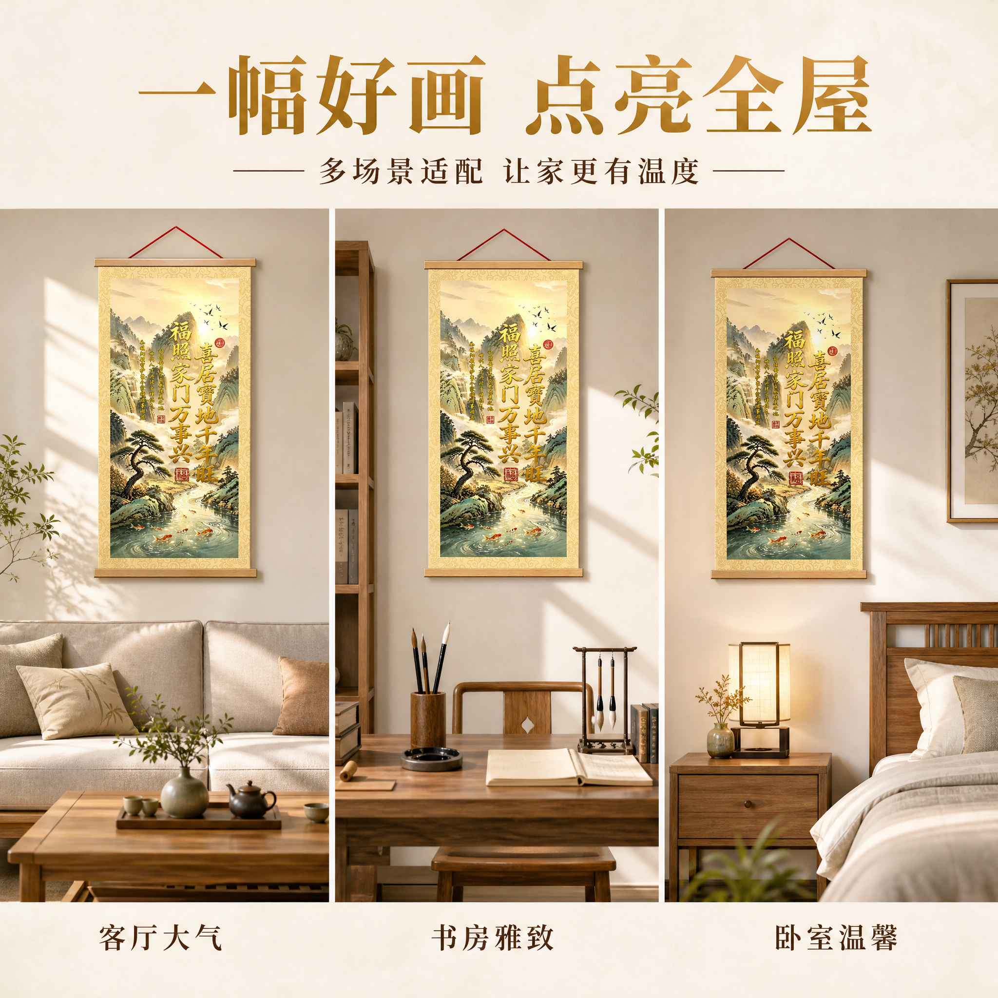 [主图-4] 福照家门山水吉祥卷轴挂画 多场景适配展示 客厅书… - 图片创意预览