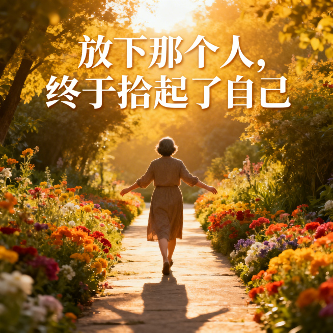 1:1封面主图，主题为#中年女性#自我觉醒 #婚姻感悟，画面为中年女性迎着阳光走向开满鲜花的步道，背影舒展，添加文字"放下那个人，终于拾起了自己"，文字醒目排版舒展，整体氛围温暖充满希望预览效果