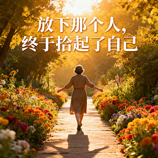 1:1封面主图，主题为#中年女性#自我觉醒 #婚姻感悟，画面为中年女性迎着阳光走向开满鲜花的步道，背影舒展，添加文字"放下那个人，终于拾起了自己"，文字醒目排版舒展，整体氛围温暖充满希望