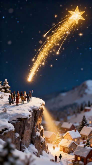 微型人物聚集在白雪覆盖的悬崖上，仰望天空中巨大的圣诞流星，流星的发光轨迹照亮了下方的小村庄，温暖的节日氛围，梦幻的光影效果，垂直构图预览效果