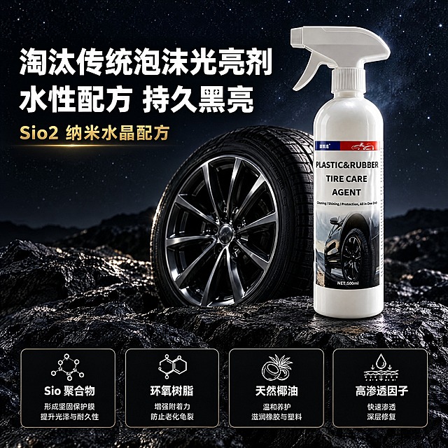 电商详情图（1:1方形构图）。使用参考图中的白色喷雾瓶作为产品主体，瓶身标签文字"PLASTIC&RUBBER"、"TIRE CARE AGENT"、"NET:500ml"清晰可读，产品竖直摆放在画面右侧，质感写实。背景为黑色岩石地面搭配汽车轮胎与轮毂，深色星空暗背景，氛围深邃高级。画面左侧大字方正白色字体"淘汰传统泡沫光亮剂"，下方大号白色字体"水性配方 持久黑亮"，再下方金色小字"Sio2 纳米水晶配方"。画面下方排列4个黑色信息卡片，卡片标题分别为"Sio 聚合物"、"环氧树脂"、"天然椰油"、"高渗透因子"，每张卡片配有化学分子图标及小字说明。写实产品摄影，高清，汽车用品详情页风格，版式干净有秩序。