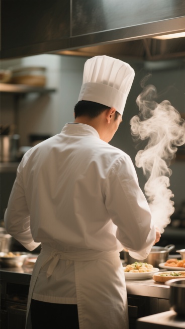 一位厨师的背影，他穿着白色的厨师服，戴着白色的厨师帽，正站在厨房里专注地工作。从他身旁升起几缕白色的蒸汽，背景中可以看到一些模糊的厨具和食物，整体画面呈现出一种温馨而专业的氛围，光线柔和，色调偏暖，营造出一种宁静而专注的感觉。预览效果