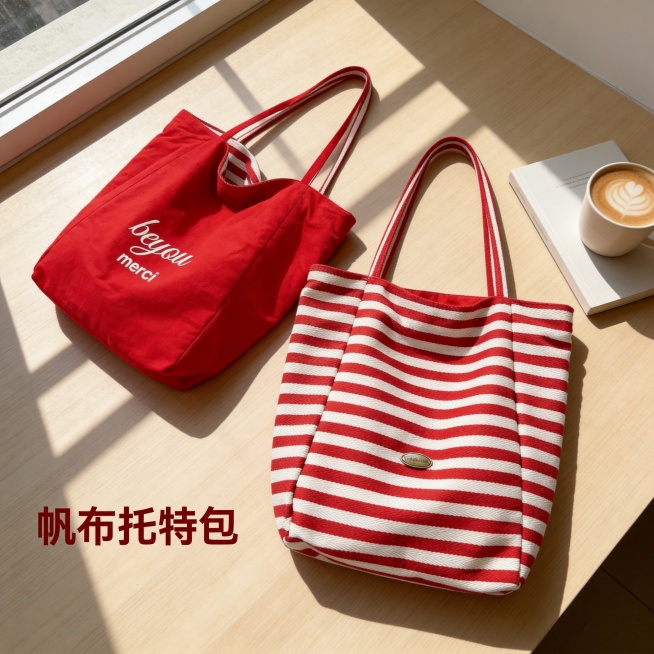[主图-5] 场景静物展示图
[氛围风格] 休闲生活化场景展示，简约治愈
[画质] 商业摄影质感、光线柔和通透、产品清晰真实、画面干净高级
[元素] 托特包自然放置在浅原木色桌面，旁边搭配一本浅色封面预览效果