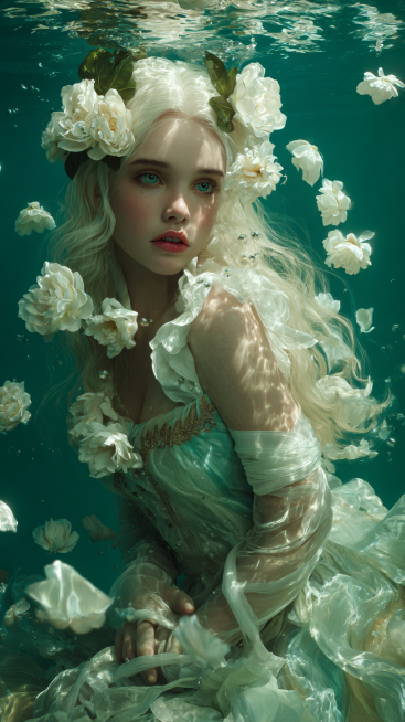 A beautiful ethereal girl with long flowing white hair adorned with white gardenia flowers and green预览效果