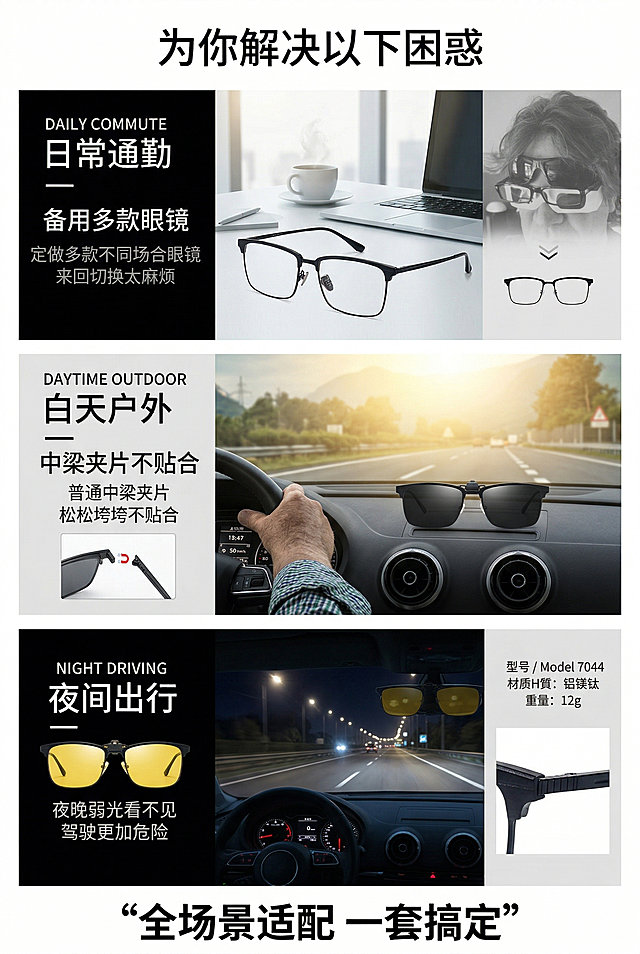 2:3 竖版电商详情图，严格还原上传的三张产品参考图，包括包装设计、颜色、LOGO位置、文字内容、图案元素等所有细节；产品外观必须与参考图完全一致，保持铝镁钛金属哑光质感。分三栏展示三大功能场景：① 日常通勤：近视镜框，配办公室场景；② 白天户外：磁吸偏光黑灰片，配公路驾驶场景；③ 夜间出行：磁吸夜视黄片，配夜路驾驶场景，每栏标注对应功能，突出 “全场景适配 一套搞定” 卖点，风格场景化、生活化。禁止使用与功能不符的场景图；禁止模糊夹片功能标注；禁止遮挡产品磁吸结构；禁止使用明亮背景破坏夜间场景氛围；禁止改变产品功能文字排版；禁止过度美化场景导致产品细节丢失。