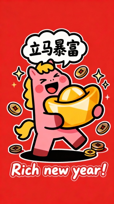 简笔画儿童涂鸦风格，9:16竖版，红色喜庆背景，粉色卡通小马抱着大金元宝，周围散落古铜钱，上方白色云朵气泡框写着“立马暴富”，底部配白色英文“Rich new year”，粗黑描边，色彩鲜亮活泼，充满预览效果