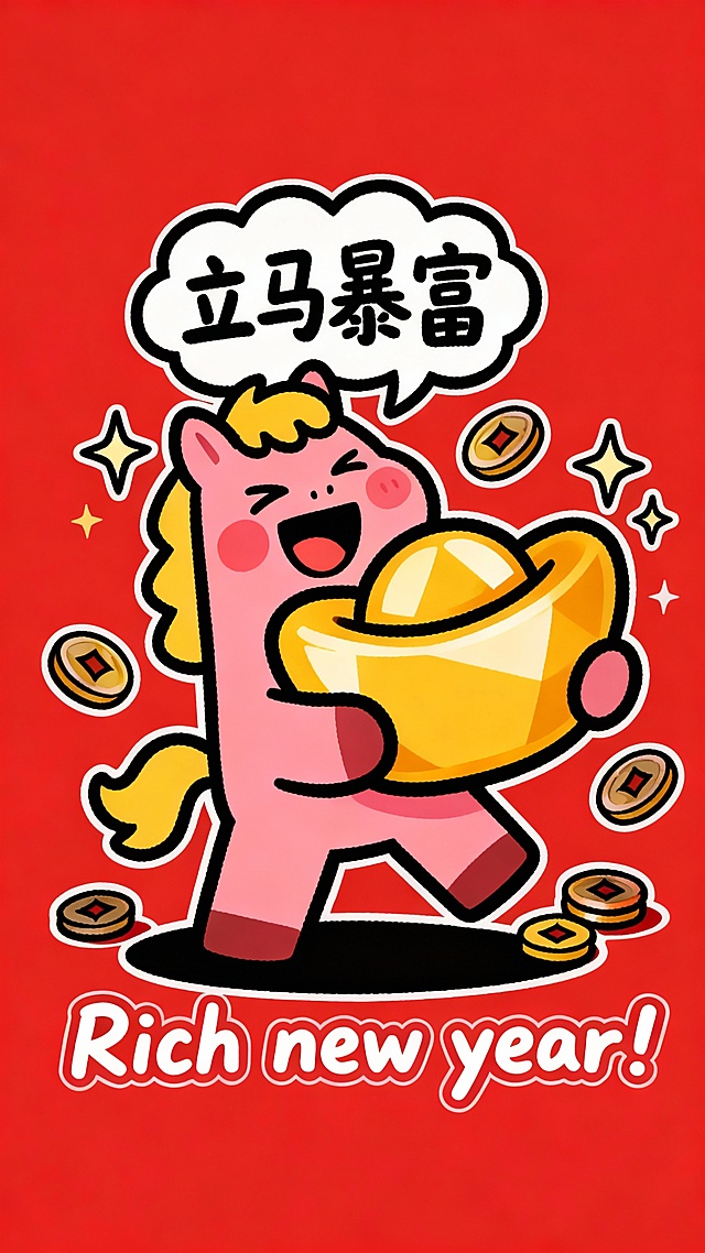 国潮风插画，拟人化小马手持金元宝，描边卡通造型，喜庆红底搭配金币元素，传递新年暴富祝福。