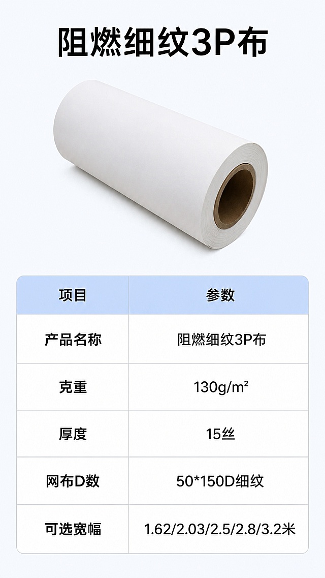 [第6屏] 规格参数收口-阻燃细纹3P布完整规格参数表。本屏使用【图1】小图展示产品。
[氛围/风格] 严谨参数表，清晰工整，专业可信。
[元素布局] 顶部放置产品小图展示，下方排列规整参数表格，占据画面70%空间，表格内容工整对齐，参数行间距舒适。
[光影质感] 均匀柔光，表格线条清晰，文字锐利可读。
[配色色系] 全局底色 #F5F7FA，表头浅蓝底，内容白色底，文字黑色，清晰整洁。
[视角构图] 从上到下排版，产品小图在上，参数表在下，主次分明。
[文字版式] 顶部产品名称「阻燃细纹3P布」，参数表格包含项目：产品名称、克重、厚度、网布D数、可选宽幅，对应内容为阻燃细纹3P布、130g/m²、15丝、50*150D细纹、1.62/2.03/2.5/2.8/3.2米，文字清晰，表格工整，手机端可读。
[比例分辨率] 9:16竖版比例，4K分辨率，文字清晰可辨，高清画质。
[负向提示词] 表格错乱，文字模糊，参数错误，排版混乱