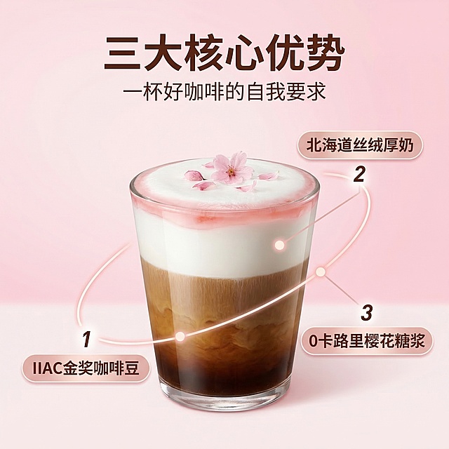 [垫图] https://gdesign-dam-hz.dancf.com/35829267754895496/0eb85897f7464f5b9a839e677522e747.jpg
[主图主题] 珞珈樱花拿铁核心卖点解析
[氛围/风格] 延续浪漫清新商业美食摄影风格，光影统一
[画面元素] 整杯樱花拿铁居中放置，画面用三根纤细浅粉色引线连接三个核心部位，引线末端带柔和光点，分别标注咖啡豆、厚奶、糖浆三个卖点：引线1指向杯底咖啡液展示金奖咖啡豆萃取，引线2指向奶泡层展示丝绒厚奶质感，引线3指向樱花粉分层展示樱花糖浆，背景保持干净浅粉色渐变，全屏无边框。
[配色色系] 主色调：浅樱粉+咖啡棕，背景浅粉渐变
[视角构图] 正面平视构图，产品主体占据中心位置，视觉清晰
[文字版式] 主标题 "三大核心优势"，副标题 "一杯好咖啡的自我要求"；三个引线分别标注 "IIAC金奖咖啡豆"、"北海道丝绒厚奶"、"0卡路里樱花糖浆"，文字为深棕色放置在浅粉色圆角标签内。采用"中心主体+放射标注"的图解式布局，信息层级清晰不遮挡主体。